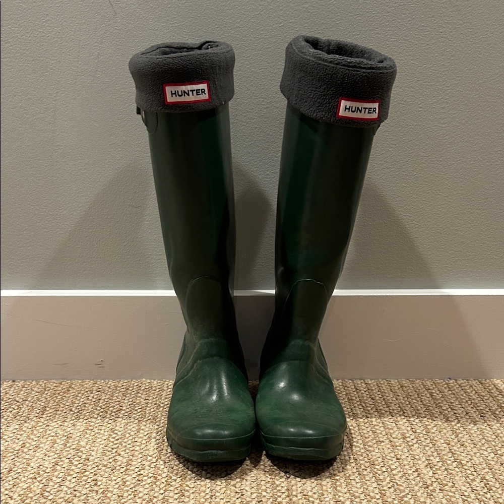 Hunter Forest Green Rain Boots with Charcoal fleece liners.
